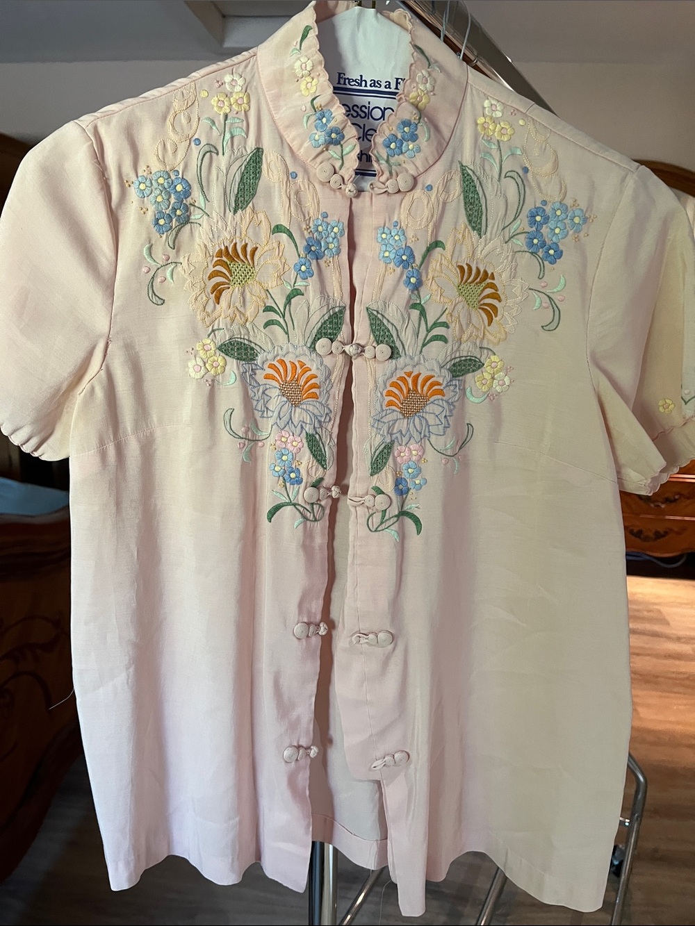 Embroidered Pale Pink Floral Button-Up Top